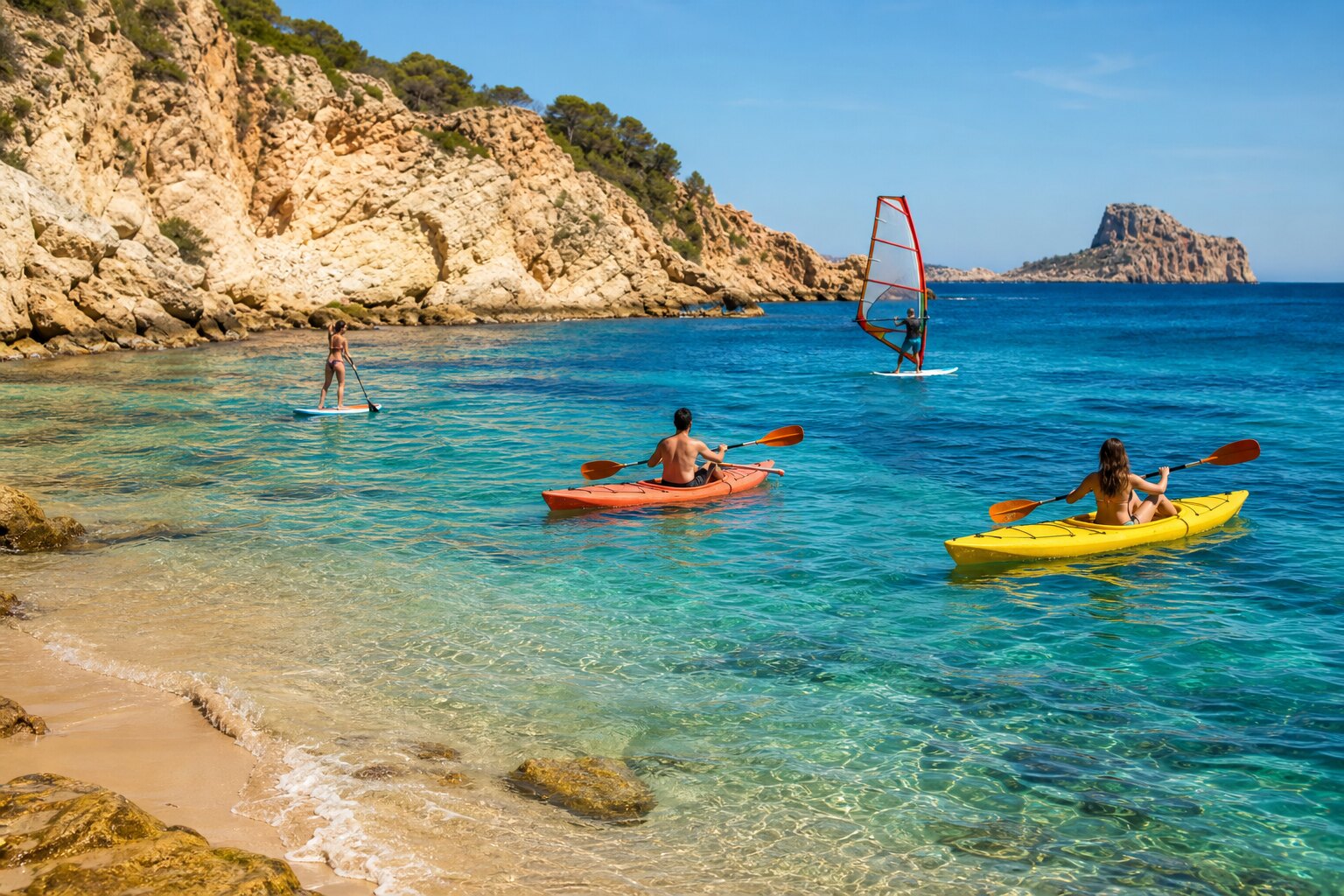 Kayaking, paddleboarding and windsurfing in a clear Mediterranean cove